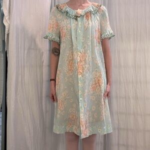 Blue Floral Print Day Dress/Lounge Dress/ House Dress Vintage 70s Coquette